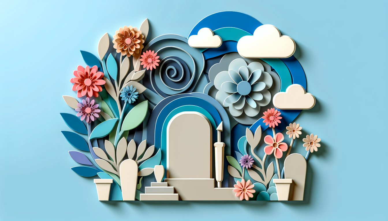 paper art illustration featuring a tombstone order form layout with fields and design elements for FormCreatorAI article