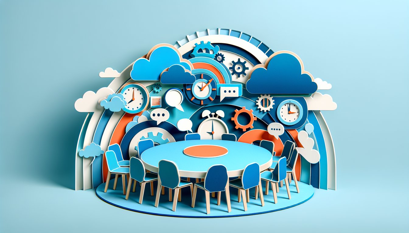 Paper art illustration depicting a meeting debrief form for FormCreatorAI article.