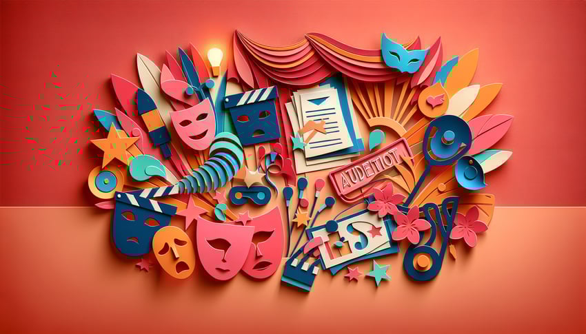 Paper art illustration showcasing a theater audition evaluation form design for FormCreatorAI article