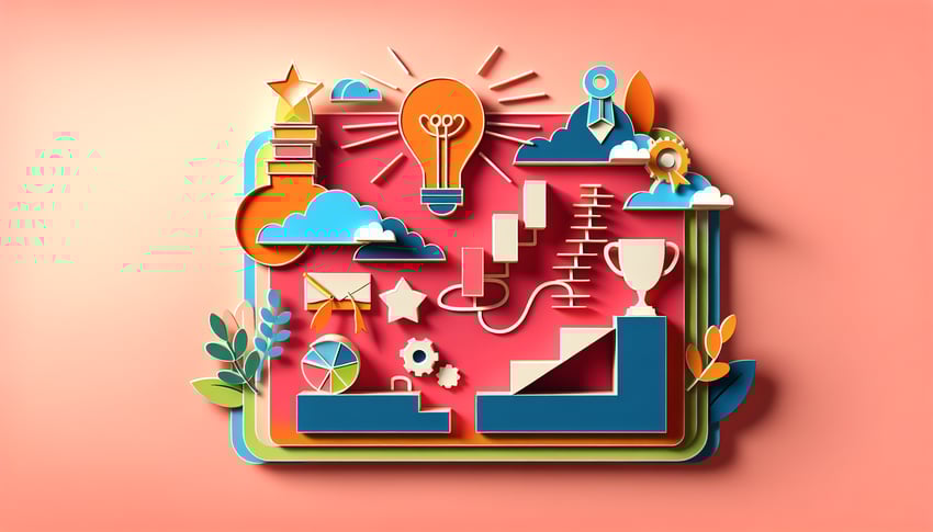 Paper art illustration depicting a student motivation survey form with engaging elements related to education and feedback.