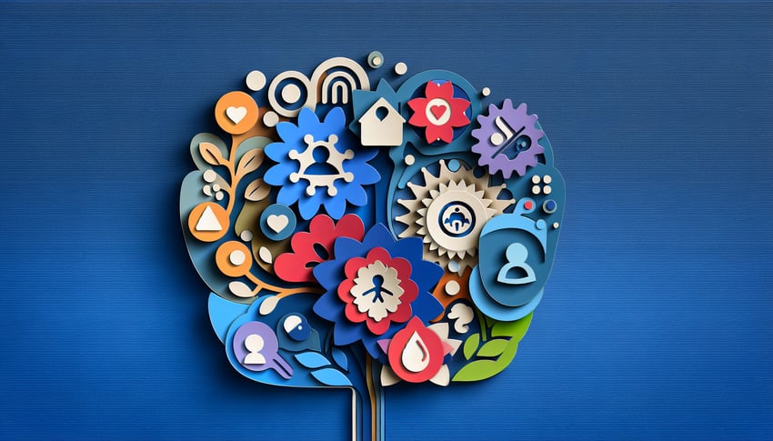 paper art illustration featuring a psychosocial assessment form template for FormCreatorAI article