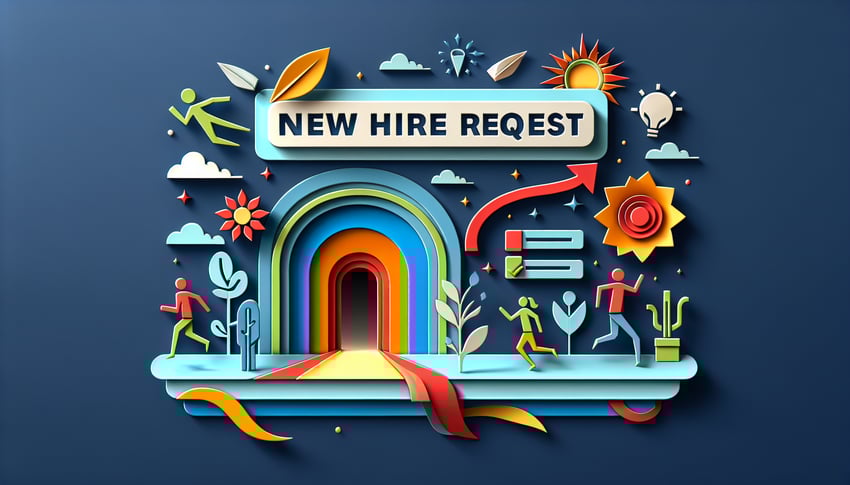 paper art illustration featuring a new hire request form with checkboxes and fields for employee information