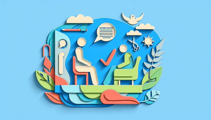 paper art illustration featuring a psychotherapy consent form with writing tools for FormCreatorAI article