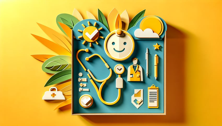 Paper art illustration depicting a physician satisfaction survey form with checkboxes and a pen on a desk.