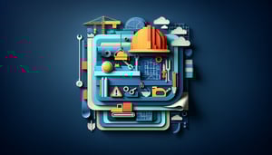 Paper art illustration depicting a construction daily report form with tools and equipment in a vibrant design