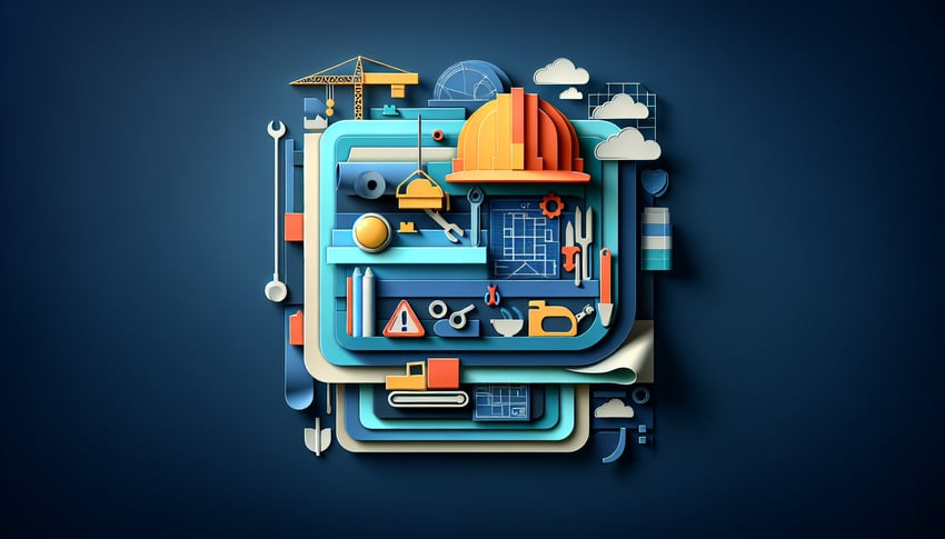 Paper art illustration depicting a construction daily report form with tools and equipment in a vibrant design