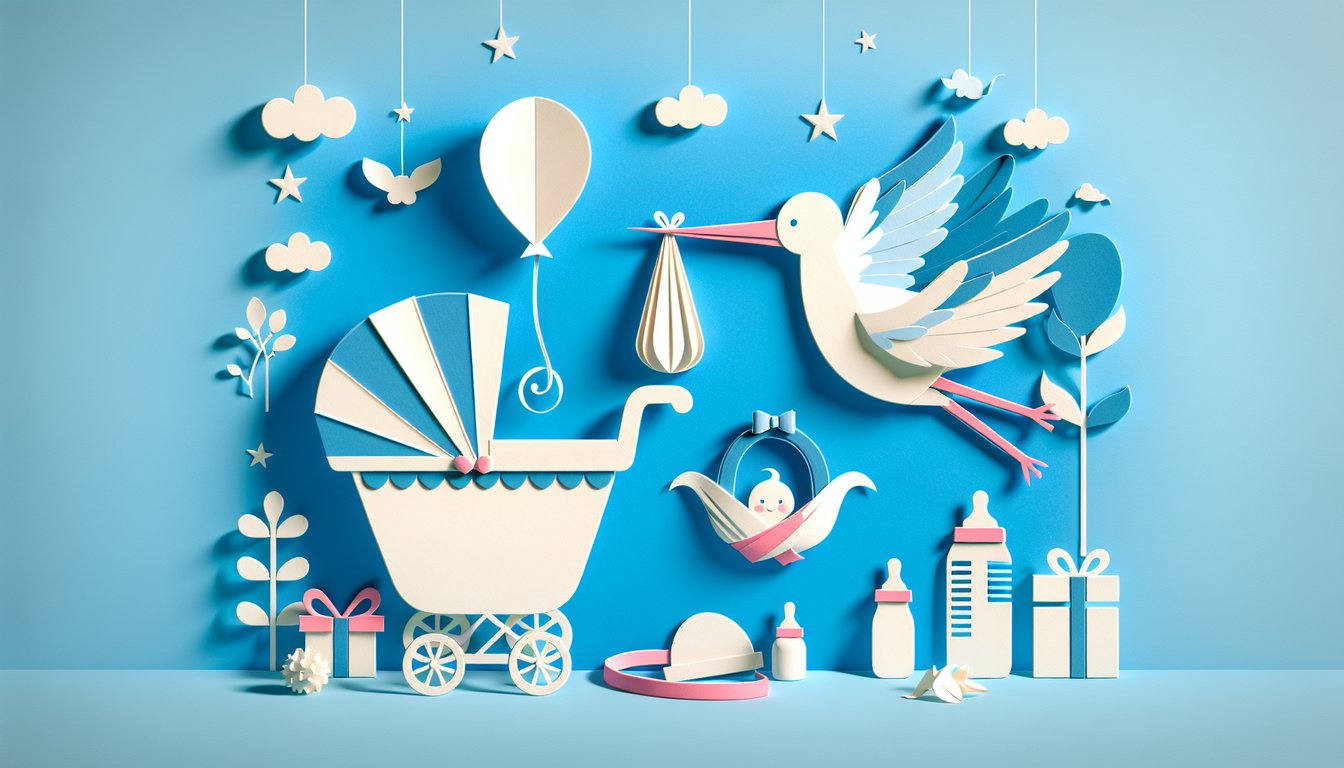 Paper art illustration depicting a baby shower RSVP form with playful design elements and soft colors.