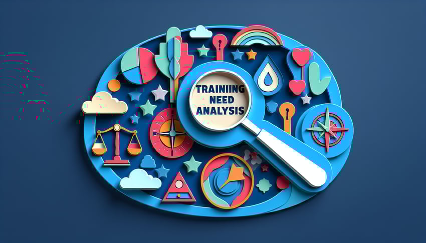 Paper art illustration featuring a training need analysis form template with design elements related to learning and assessment