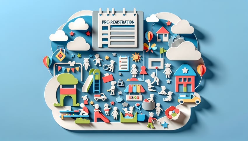 colorful paper art illustration of a childcare center pre-registration form template with playful design elements