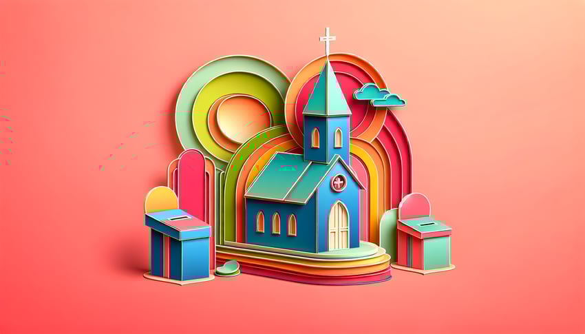 Paper art illustration depicting a church donation receipt form template for FormCreatorAI article