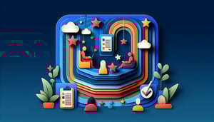 Paper art illustration featuring an employee peer review form with checkboxes and writing space for feedback and evaluations