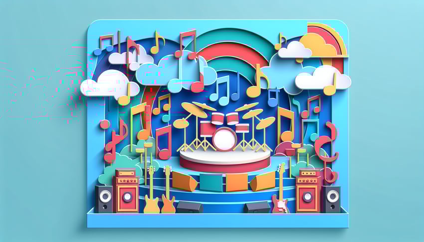 paper art illustration featuring a band application form with musical elements and creative design elements