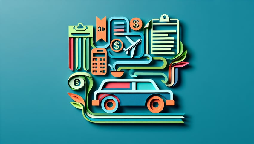 Paper art illustration depicting a mileage log and expense report form template for FormCreatorAI article