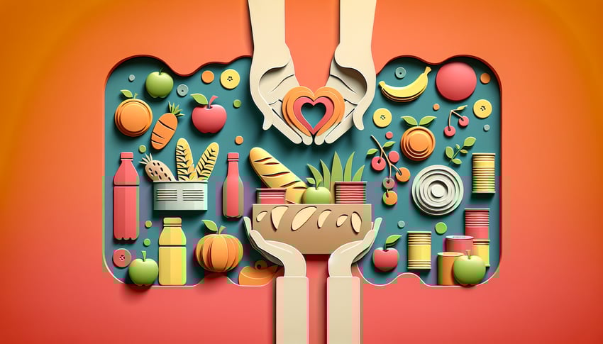 Paper art illustration depicting a food donation request form for an article on FormCreatorAI