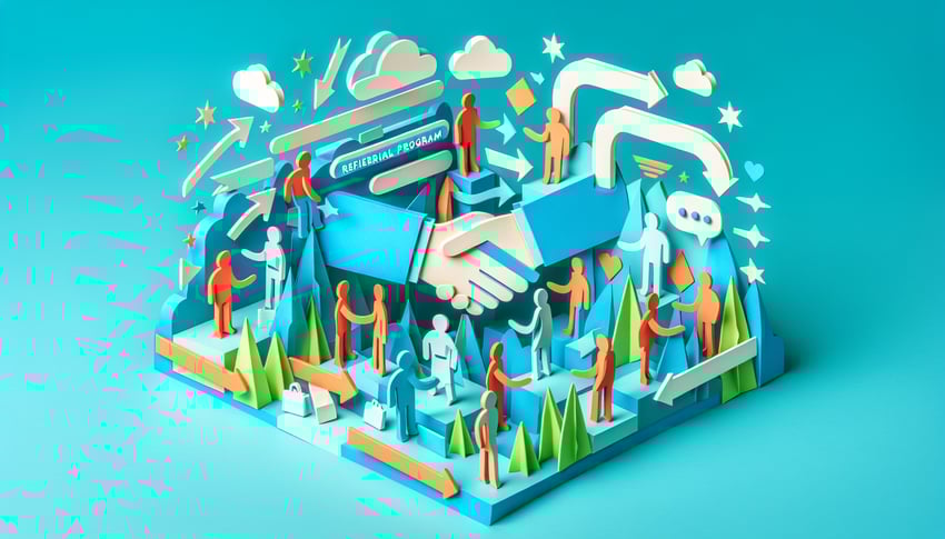 Paper art illustration depicting a referral program form template for FormCreatorAI article.