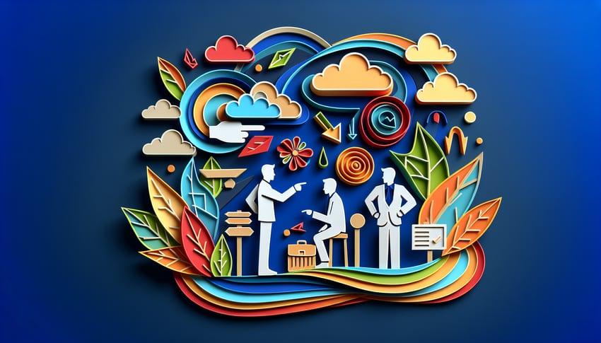 Paper art illustration featuring an employee reprimand form on a desk with a pen and office supplies