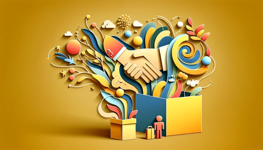 Paper art illustration depicting an employee offboarding checklist with design elements relevant to FormCreatorAI.