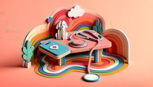 Paper art illustration featuring a pet exam form with various fields and checkboxes for data collection