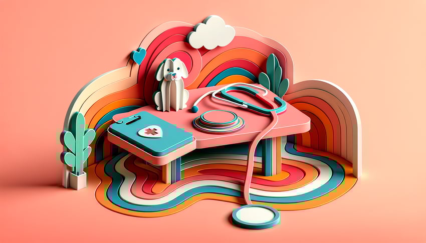 Paper art illustration featuring a pet exam form with various fields and checkboxes for data collection