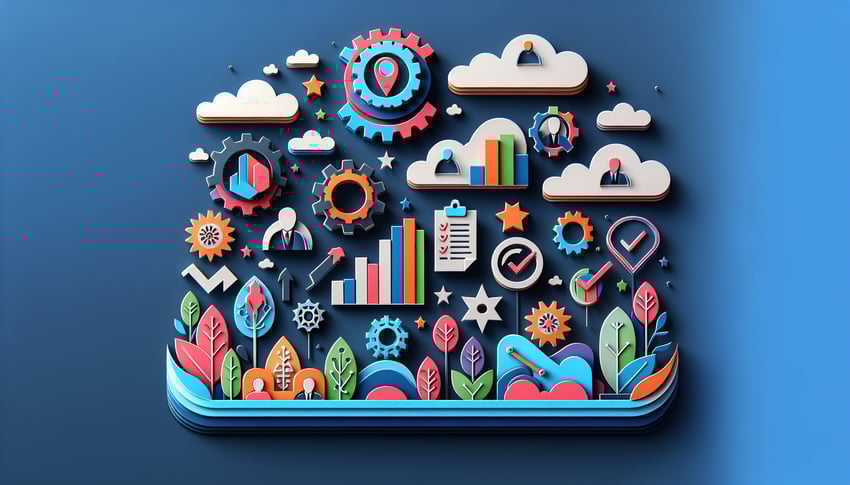 Paper art illustration depicting a manager evaluation form with sections for feedback and ratings.