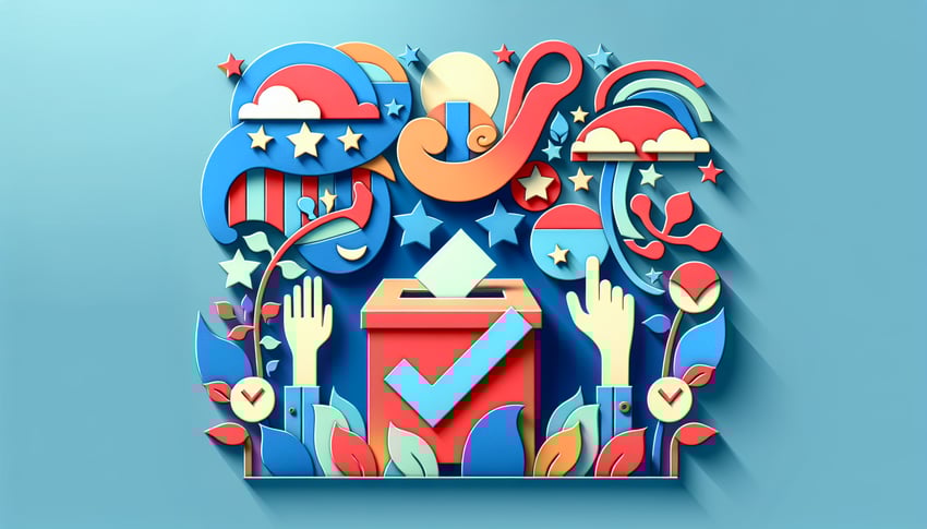 paper art illustration depicting a voter registration form template on a desk with stationery and a computer