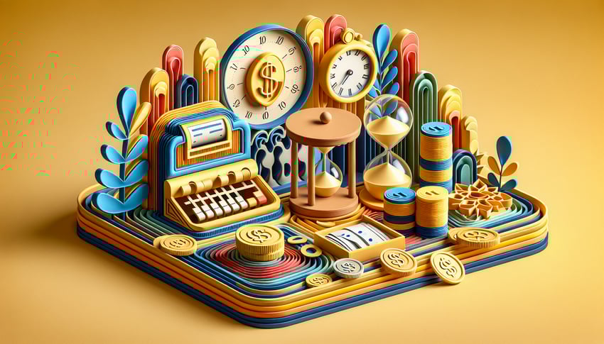 Paper art illustration featuring a payroll weekly payment form template on a desk with office supplies