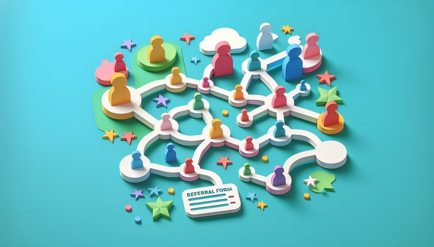 paper art illustration featuring a referral form template with design elements for FormCreatorAI article