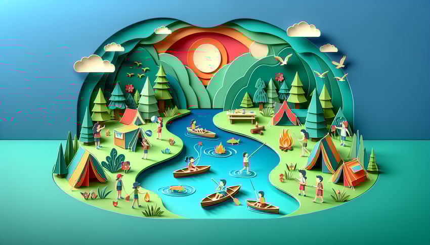 Paper art illustration depicting a summer camp waiver form with colorful elements related to camping activities.