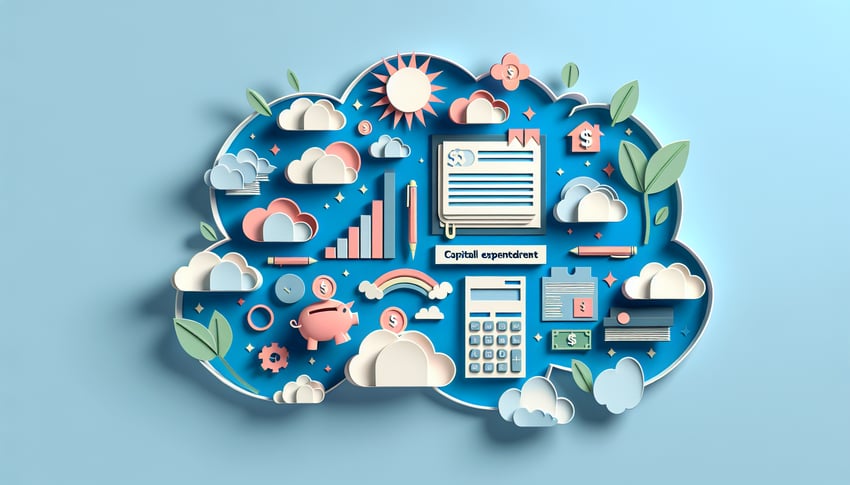 Paper art illustration featuring a capital expenditure request form template for FormCreatorAI article