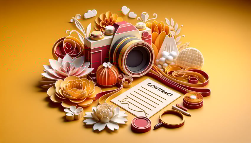 Paper art illustration depicting wedding photography contract elements for article on contract form template