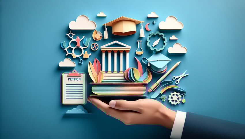 Colorful paper art illustration representing an academic petition form template for FormCreatorAI article.