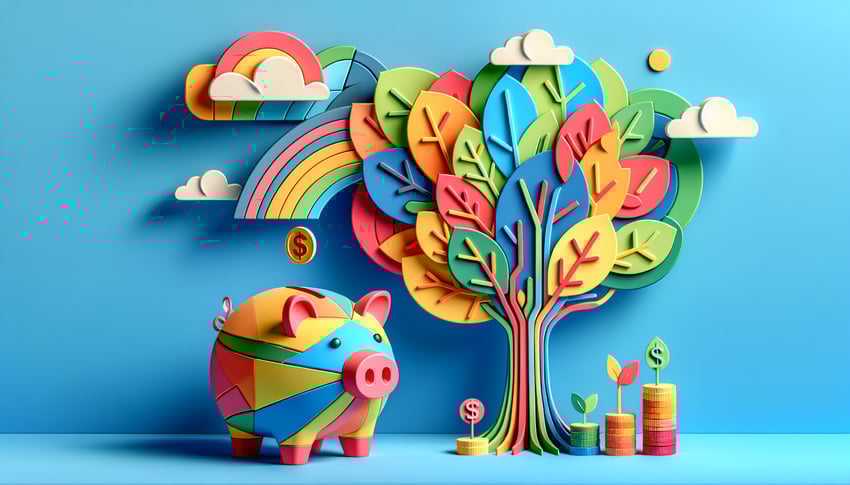 Paper art illustration depicting a fundraising registration form with creative design elements and vibrant colors