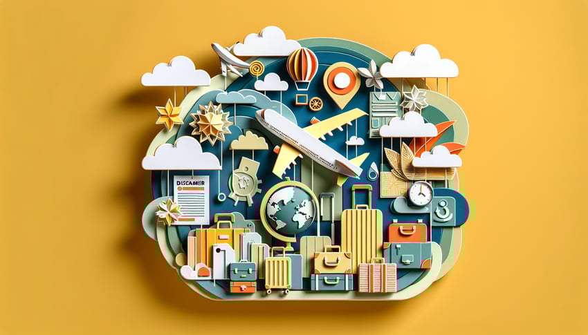 Paper art illustration depicting a travel disclaimer and insurance waiver form template for FormCreatorAI article