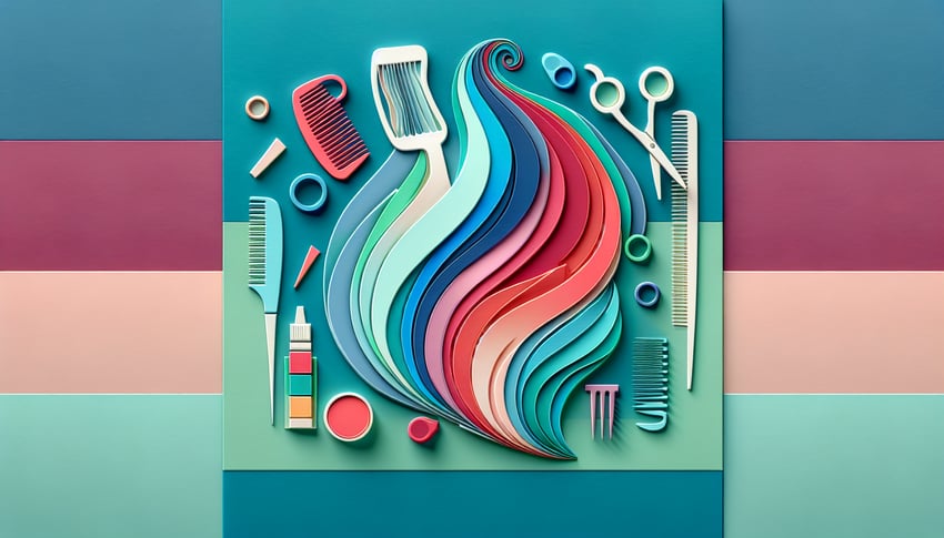 Paper art illustration depicting a hairdressing consultation form with tools and hair products in a creative layout