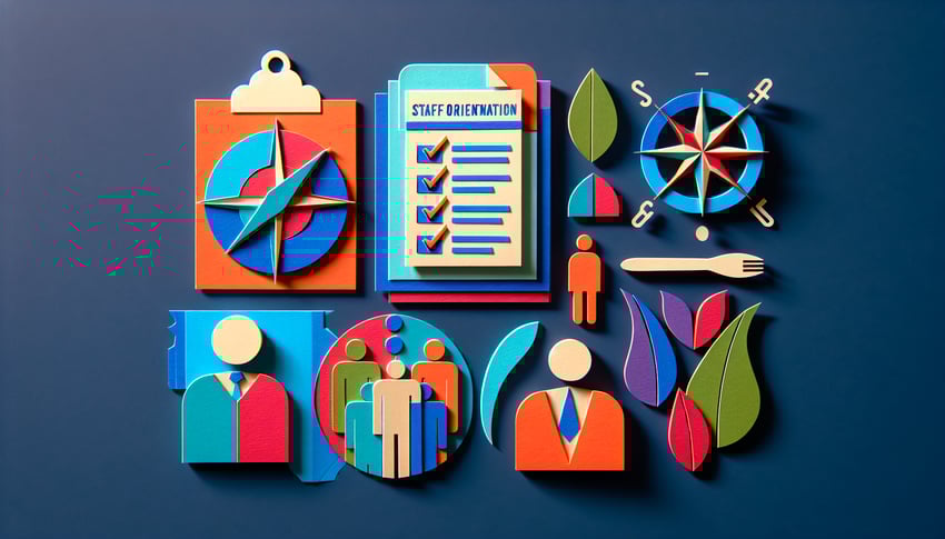 Paper art illustration depicting a staff orientation checklist with relevant items for FormCreatorAI article.