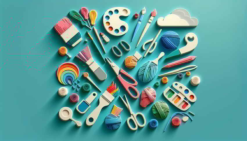 Paper art illustration featuring colorful craft supplies and tools for an Arts and Craft Fair application form template