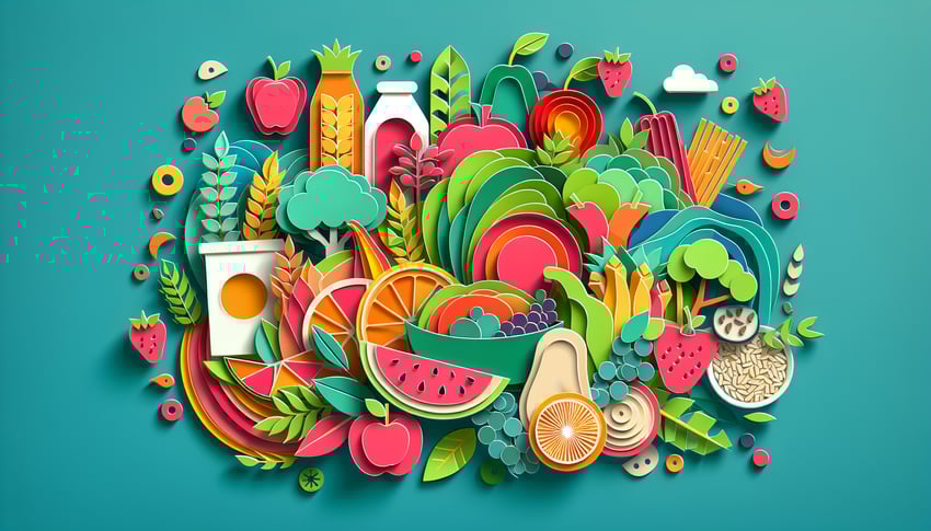 Paper art illustration depicting a food preference questionnaire form with various food items and checkboxes.