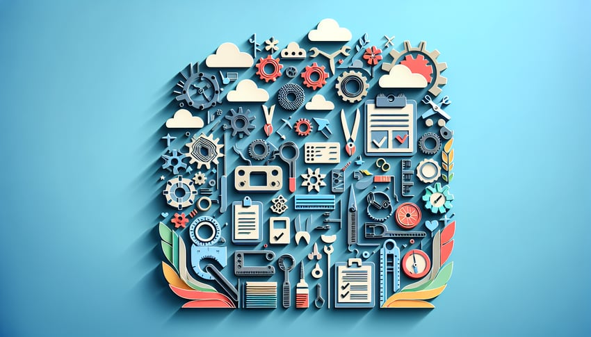 Paper art illustration featuring a work order completion form template for FormCreatorAI article