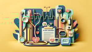 Paper art illustration featuring a patient assessment form with medical graphics and notes for FormCreatorAI article