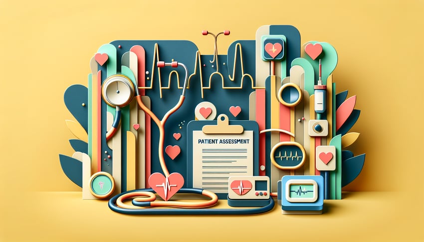 Paper art illustration featuring a patient assessment form with medical graphics and notes for FormCreatorAI article