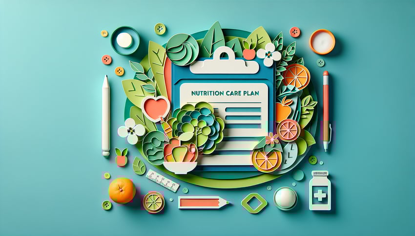 Paper art illustration featuring a nutrition care plan form with sections for dietary information and health goals.