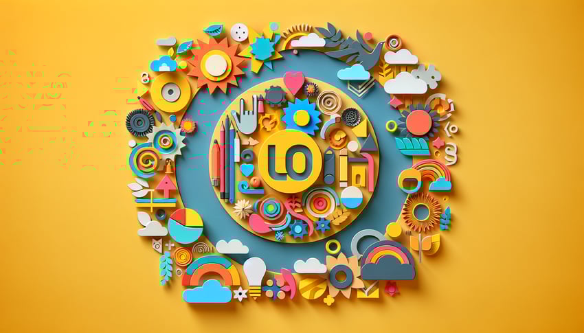 Paper art illustration featuring logo design elements for a template article on FormCreatorAI