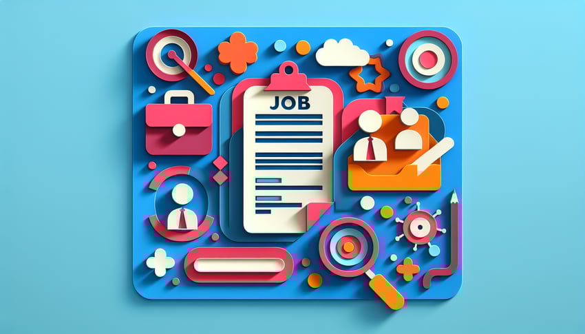 Paper art illustration featuring a basic employment application form with checkboxes and text fields