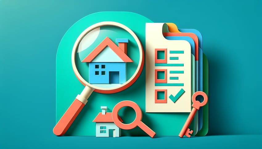 Paper art illustration showcasing a property management inspection checklist form template with various items and icons.