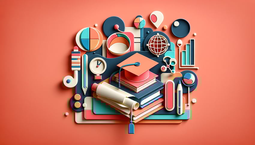 Paper art illustration depicting a scholarship application form template with design elements and stationery items