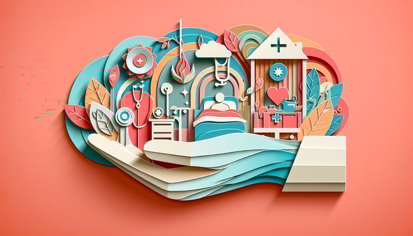 Paper art illustration featuring a hospice care checklist with various tasks and considerations for end-of-life care.