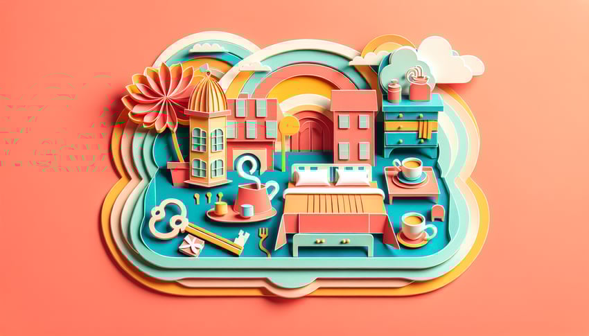 Paper art illustration depicting a bed and breakfast booking form with decorative elements and a welcoming design