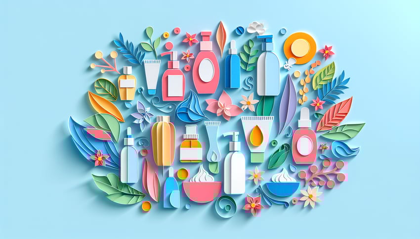 Paper art illustration depicting a skincare routine form layout with various skincare product icons and fields for customization.