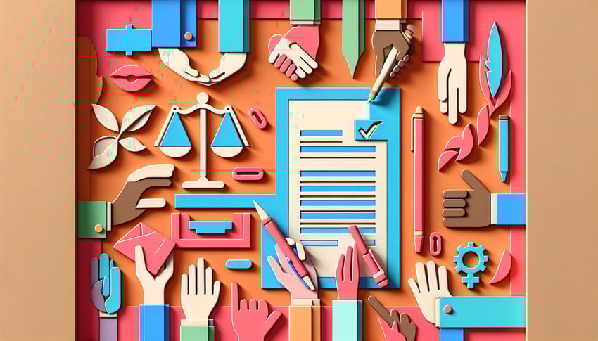 paper art illustration featuring a workplace petition form with checkboxes and clear sections for signatures and details