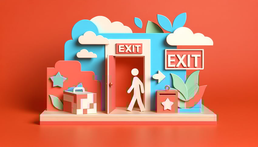 Paper art illustration depicting an exit survey form for FormCreatorAI article